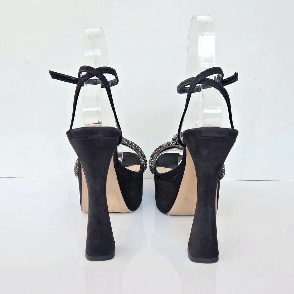 Schutz Peaky Black Suede Rhinestone Transparent Platform Sandal Heels Womens 7.5